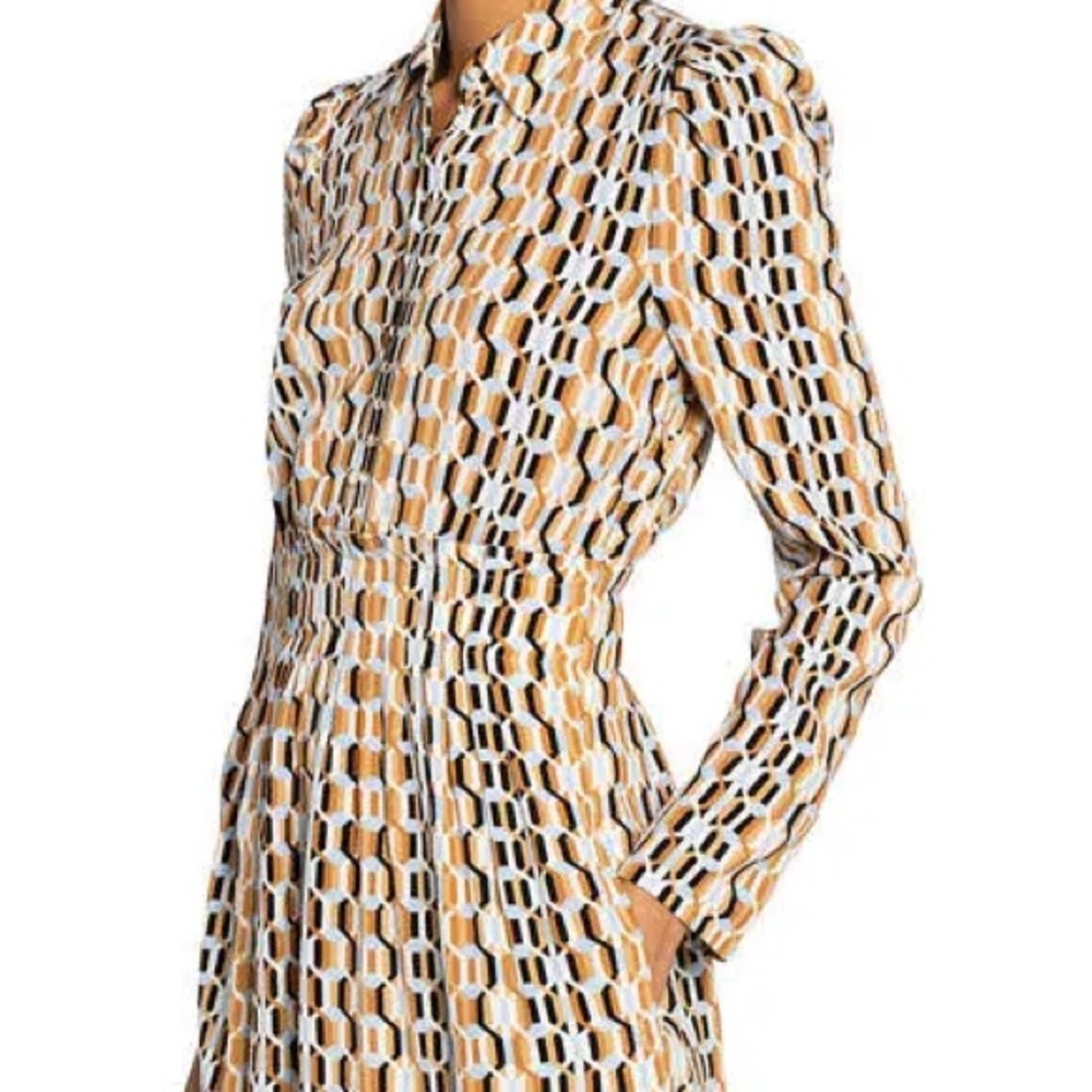 Maje Rablic Pleated Shirt Dress Geo Print Brown Blue Size 34 US 2